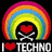 Pixel art icon with rainbow arch over skull and crossbones, red heart, and text elements on black background.