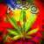 Pixelated image of a green and yellow plant-like shape with red background, blue top-left corner, and scattered brown pixels.
