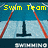 Animated swim team icon with lane dividers, changing text from 'Swim Team 4-Seasons' to 'Eat Our BUBBLES' over a pool background.