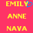Yellow text on pink background with blue heart symbol replacing 'Y' in first ; four of names displayed