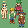 Four pixel-art characters stand against a solid green background; one is nude, another wears a green vest and blue pants, the third has green hair in pink armor, and the fourth dons a brown coat with a wide-brimmed hat.