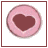 A circular pink icon with a dark red heart center, displaying sequential text fragments below it in black pixelated font.
