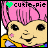 Pixelated icon of a character with pink hair, black eyes, and yellow clothing under a green heart symbol.