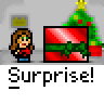 Animated contact sheet of a pixel art buddy icon featuring a girl character, red gift box with green ribbon, and Christmas tree across 18 frames showing text changes and small animations.