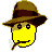 Pixelated yellow smiley face with brown fedora and cigarette in three animated frames showing slight head tilt variations against gray background.