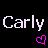 Pixelated white text 'Carly' on black background with colorful pixelated square in bottom right corner.