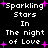 Black background with white pixelated text reading "Sparkling Stars In The night of Love" surrounded by pink plus-shaped sparkles.