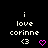 Pixelated text 'i love corinne' with two heart symbols below, one white and one pink.