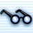 Pixelated glasses with black frames and light blue lenses on a striped background.