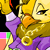 Pixelated close-up of a character with blonde hair, purple clothing, and a golden accessory, holding a purple object with a white top.