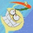 Pixelated cartoon character with wide eyes and a large grin holding a carrot, set against blue background with yellow text