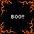 Black background with orange pixelated border and central starburst, four white 'BOO!!' texts at corners.