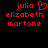 Red pixelated text on black background with two side-by-side layouts; left layout includes a heart symbol replacing the 'o' in 'julia'.