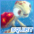 Animated pixel art of a cartoon character with large eyes and red spots on its head, holding a red object against a blue background.