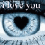 A pixelated eye with a black heart-shaped pupil and the text "I love you" above it in white block letters on a dark band.