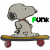 Animated contact sheet of Snoopy on a skateboard with green text "PUNK" across six frames showing subtle pose changes.