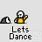 Pixelated character in yellow outfit with white head and black eyes dances across gray background with black , text "Lets Dance" below