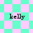 Four identical 'kelly' text labels on a checkered background with alternating cyan and pink squares.
