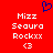 Red background with white pixelated text and blue heart symbol; two identical side-by-side layouts of 'Mizz Seura Rockxx <3' in a format