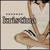 nine identical static images showing a woman in a white dress with black stripes seated, hands clasped, against a light beige background with the name 'kristina' in dark text above her