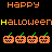 Pixelated orange pumpkins with green stems appear in three beneath repeating 'Happy' and 'Halloween' text on a black background
