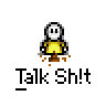 A 3x3 grid of pixel art frames showing a stick figure character with white head, yellow torso, brown limbs, and orange feet in various poses above the text "Talk Sh!t" on a gray background.