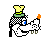 Pixelated cartoon character with checkered hat, blue eye, orange flame prop, and pink tongue in multiple poses.