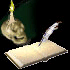 Animated sequence showing a candlelit skull, feather quill, and open book with inked lines changing across frames.