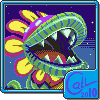 Pixel art of a green, striped plant-like creature with large open mouth showing teeth and tongue against dark blue starry background.