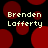 Pixelated text 'Brenden Lafferty' repeated across a black background with red circular shapes.