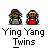 A 4x3 contact sheet of pixel art frames showing two identical cartoon twins in gray and red outfits with varying expressions, text, and a speech bubble across sampled animation frames.