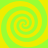 Four identical spiral patterns arranged in a on a bright yellow-green background, each with alternating light green and yellow bands forming clockwise spirals