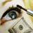 A pixelated image shows a close-up of an eye with makeup, holding money, alongside text reading "make-up... all a girl needs <3".