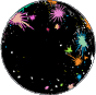 Three circular black backgrounds with scattered colorful starburst and dot shapes in pink, yellow, green, blue, and white.