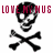 Pixelated skull and crossbones icon with red text overlays reading 'LOVE MY NUS music=love' and 'music=life' on white background.