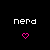 Pixelated text 'nerd' in white on black background with two pink heart icons below, one outlined and one filled.
