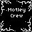 Black-and-white pixelated icon with four identical 'Motley Crew' text blocks arranged around a central snowflake-like pattern, bordered by jagged white lines on black background.