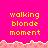 A static image with a bright pink background, yellow text reading "walking blonde moment," and a pixelated border of light pink and yellow shapes.