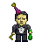 Pixel art of a man in a black tuxedo with white shirt and bow tie, wearing a purple party hat with yellow pom-pom, holding green bottle and gold cane.