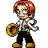 Pixel art character with orange hair, white jacket, black pants, and brown shoes holding a golden circular object against gray background.