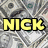 A static image displays the word 'NICK' in six distinct colors against a background of repeating dollar bills.