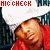 Animated contact sheet of 11 frames showing a person in red clothing and white headwrap with changing facial expressions, each frame labeled "MIC CHECK" at top.