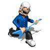 Animated character with white hair and sunglasses plays blue electric guitar in a kneeling pose