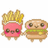 Pixel art of two food-themed characters holding hands with green text reading 'we go together perfectly emily.clay 12 19 07' on white background.