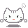 Pixelated white cat face with black eyes, red mouth, and gray whisker dots on a light gray background.