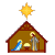 Pixelated static image of a nativity scene with three figures inside a stable under a star, rendered in low-resolution 8-bit style.