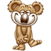 Brown cartoon koala with white facial markings stands in two sequential poses, first with left foot forward and right hand on knee, then shifting to right foot forward while maintaining a wide open mouth expression.