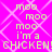 Pixelated text on a bright pink background with white geometric patterns, displaying repeated 'moo' and 'I'm a CHICKEN! CHICKEN!' phrases.