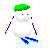 Pixelated snowman with green hat and blue ski poles, smiling face on gray background.