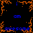 Pixelated orange and blue icon with repeating text and border elements on a black background.